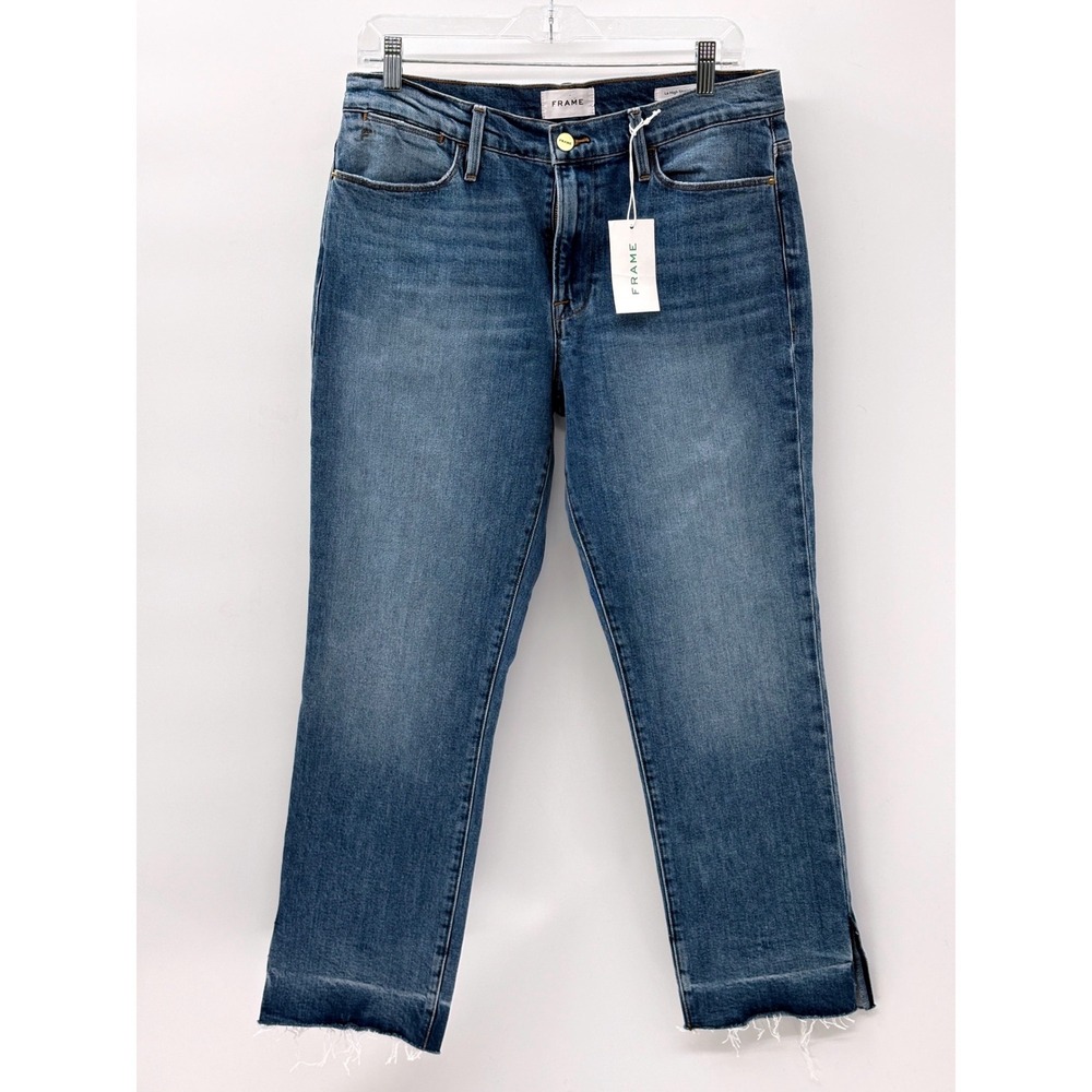 New Frame Jeans Le High Straight Leg‎ High Rise Women Size 30 Blue Raw Edge Slit